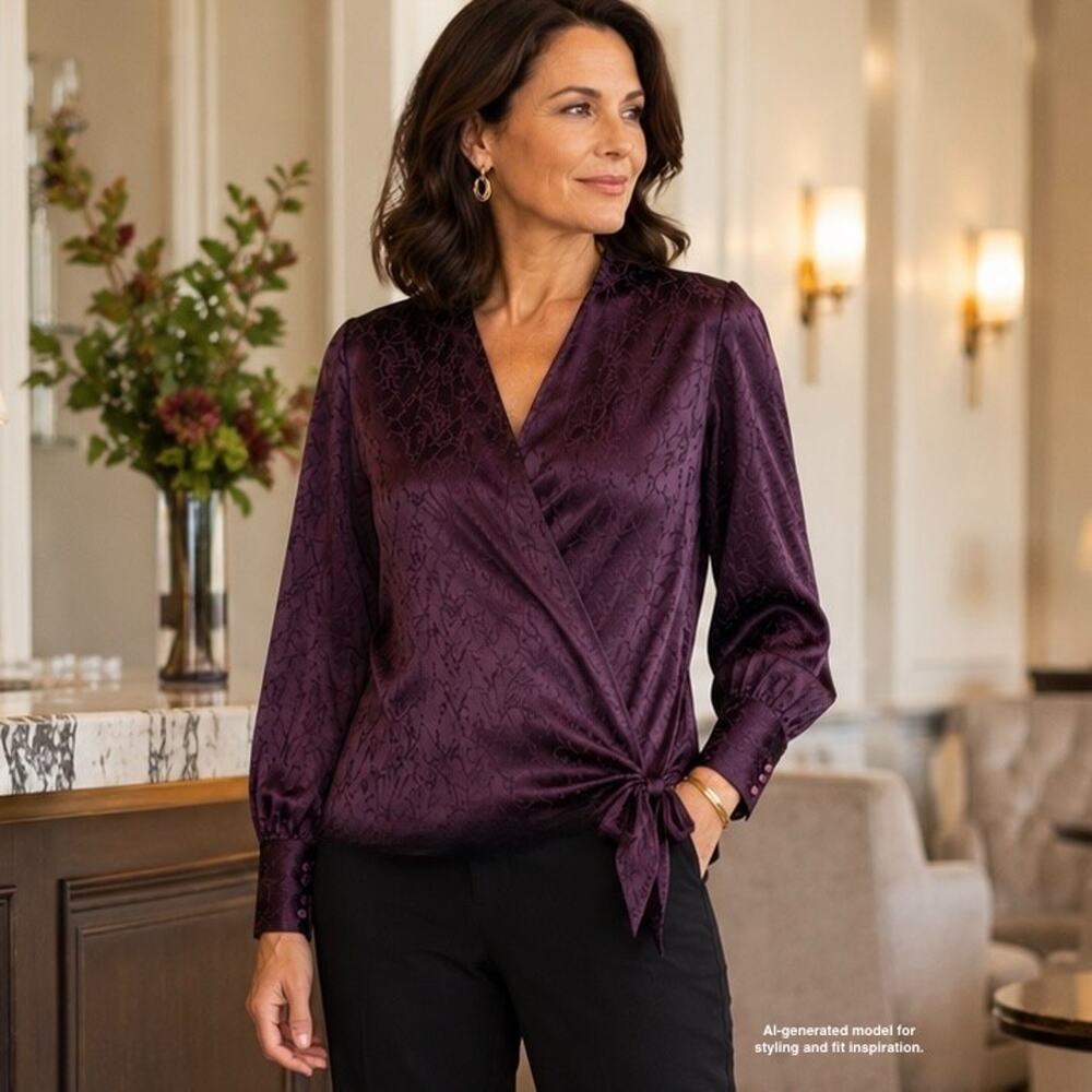 Vintage 90s Fred David Satin Wrap Blouse Size Large Plum Purple Jacquard NWT